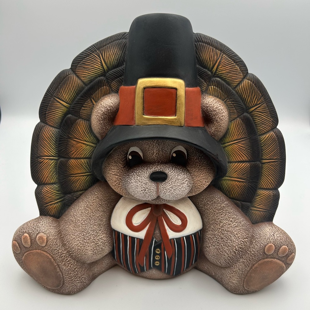 Hand-Painted Ceramic Pilgrim Bear With Turkey Tail Table Decor